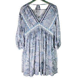 Umgee Baby Blue White Floral Crochet Trim Tunic Dress Sz M
